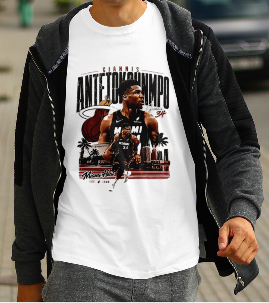 Giannis Antetokounmpo Miami Heat NBA Player Est 1988 Kaseya Center Palms And Cityscape T-Shirt