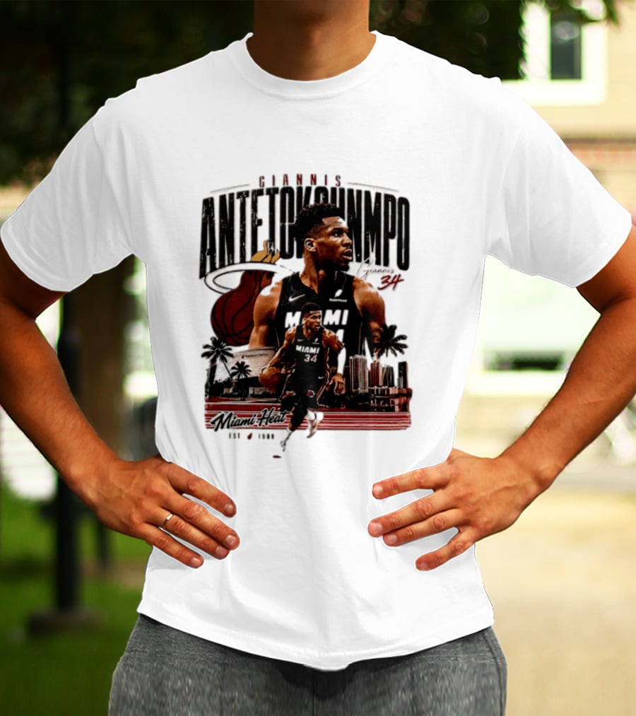 Giannis Antetokounmpo Miami Heat NBA Player Est 1988 Kaseya Center Palms And Cityscape T-Shirt