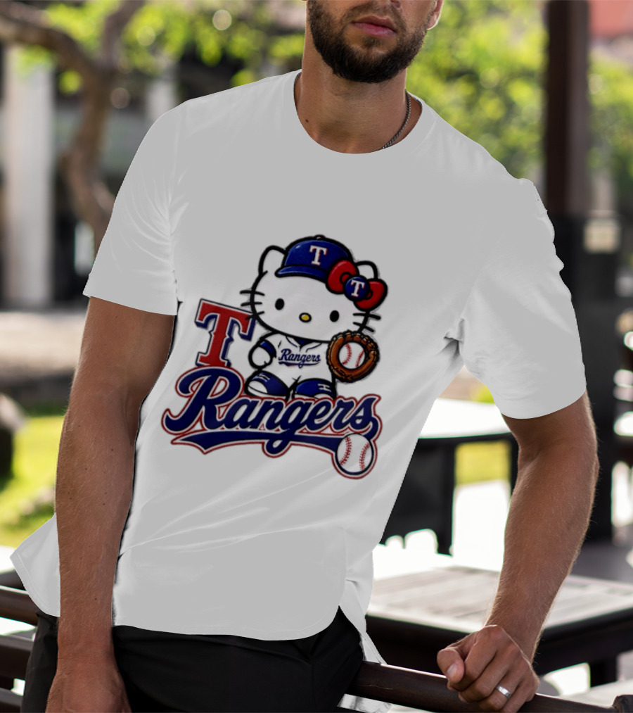 Hello Kitty Texas Rangers Baseball 2026 MLB Rangers Logo With Baseball Glove And Cap T-Shirt