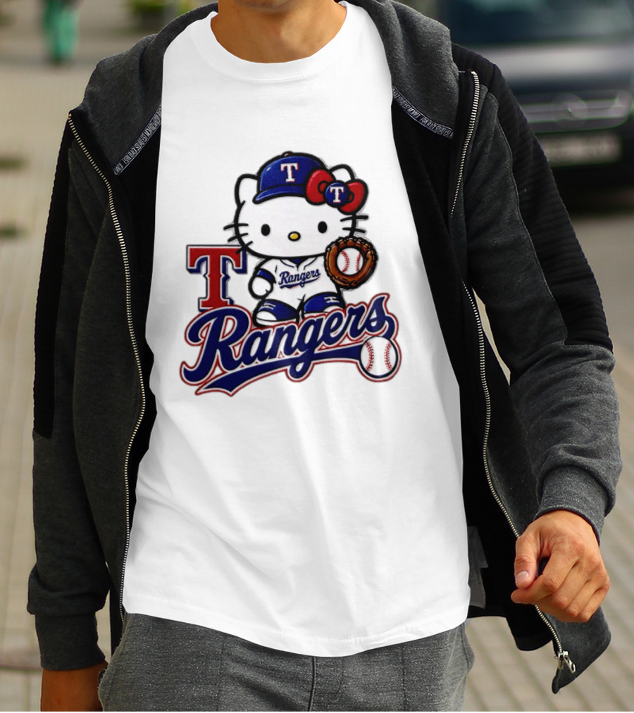 Hello Kitty Texas Rangers Baseball 2026 MLB Rangers Logo With Baseball Glove And Cap T-Shirt