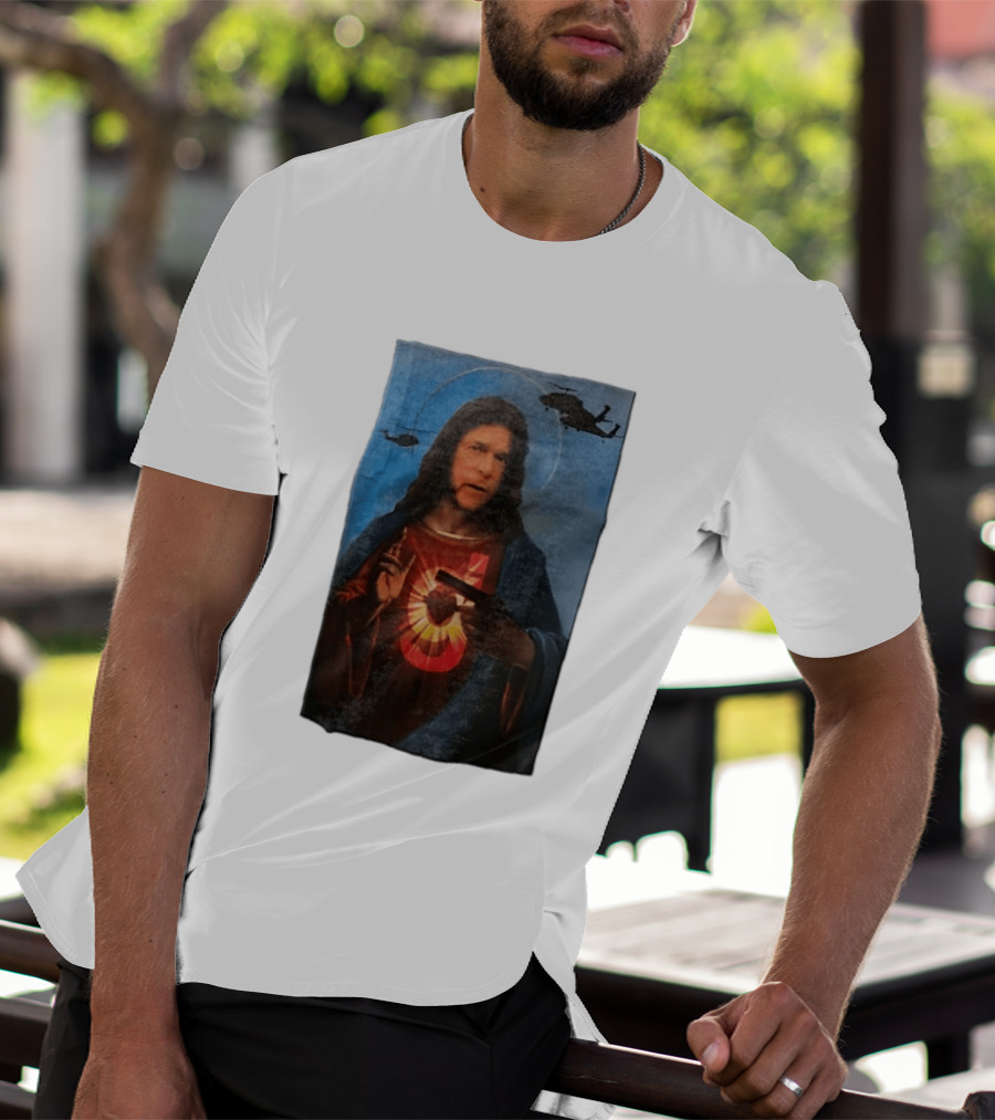 Jesus With Handgun And Military Helicopters Halo T-Shirt