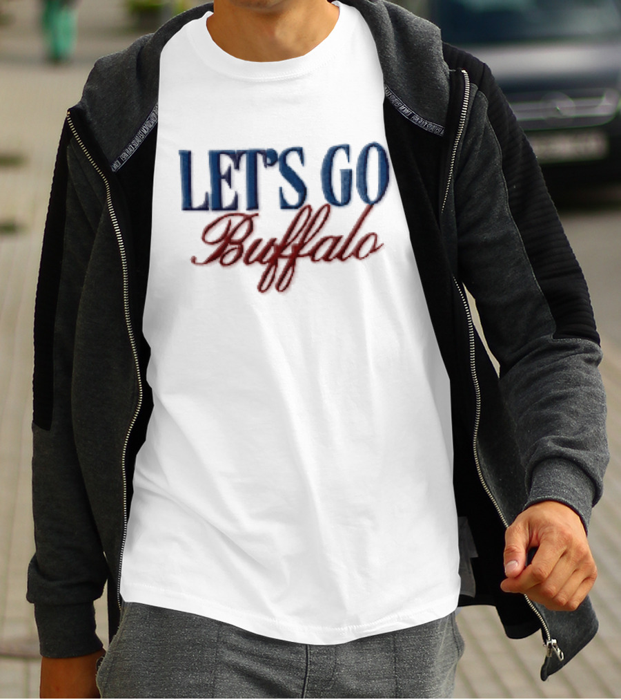 Let's Go Buffalo Blue Serif Red Cursive Embroidered T-Shirt