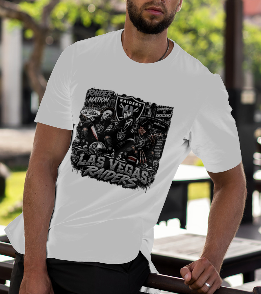 Raider Nation Las Vegas Raiders Michael Myers Ghostface Freddy Krueger Commitment To Excellence Halloween Allegiant Stadium T-Shirt