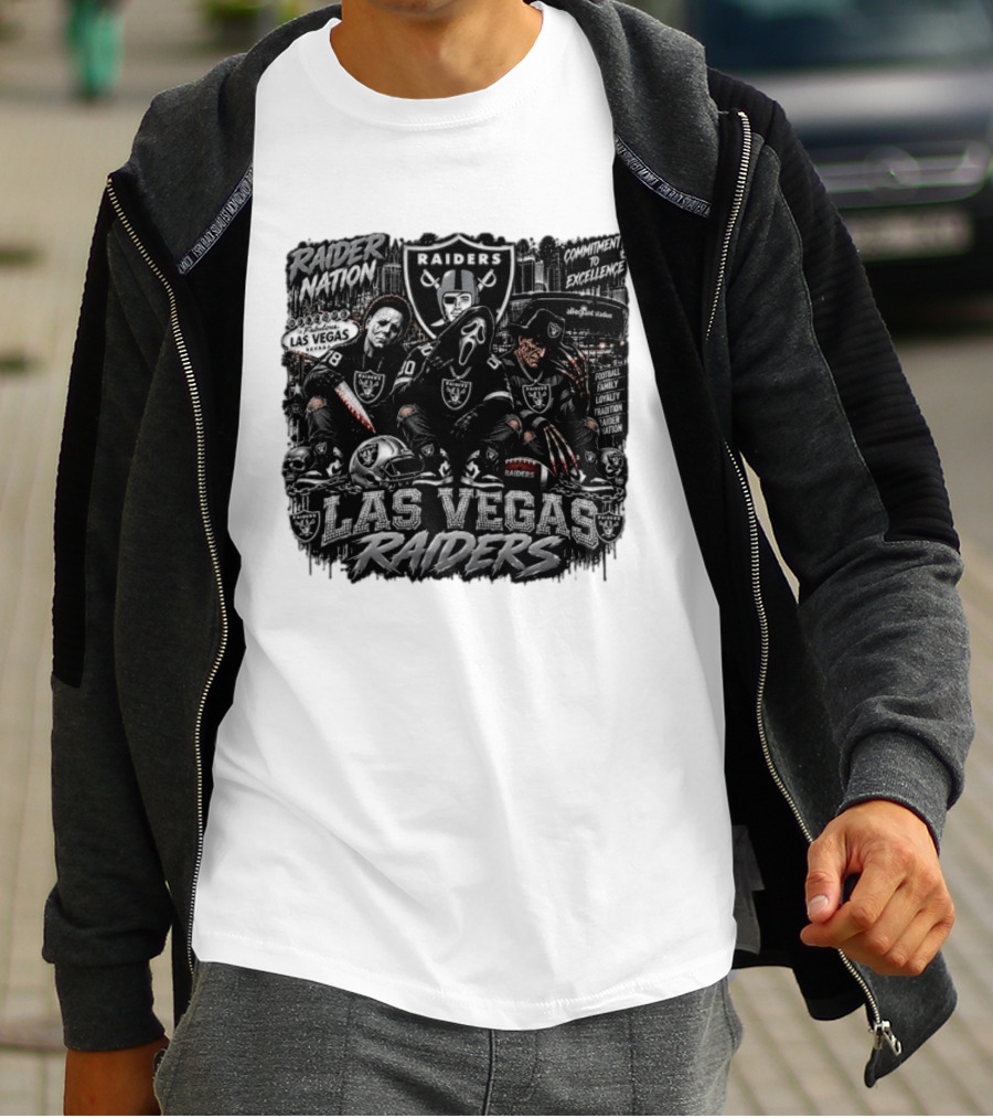 Raider Nation Las Vegas Raiders Michael Myers Ghostface Freddy Krueger Commitment To Excellence Halloween Allegiant Stadium T-Shirt