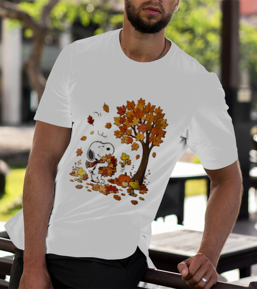 Snoopy Woodstock Autumn Leaves Pumpkin Fall Season Vibes T-Shirt