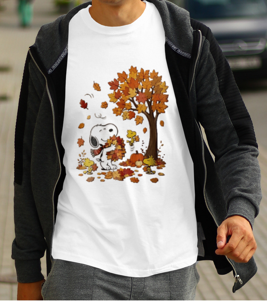 Snoopy Woodstock Autumn Leaves Pumpkin Fall Season Vibes T-Shirt