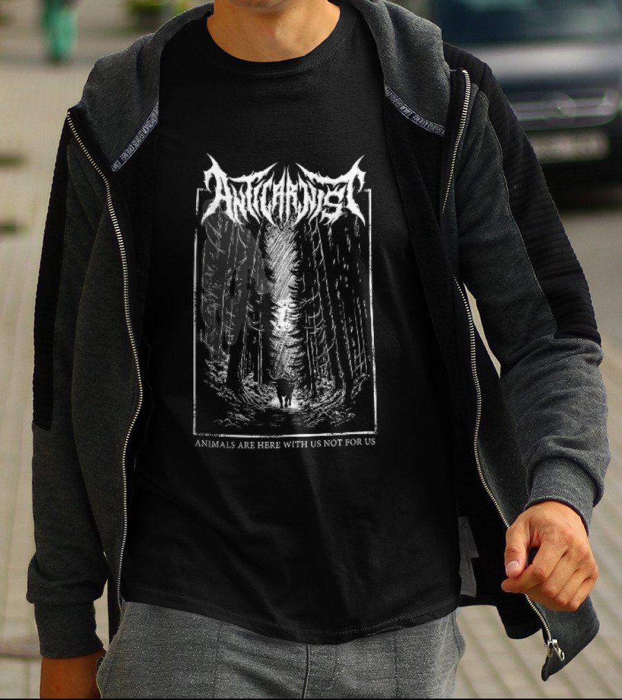 Anticarnist Horned Bull Walking Forest Path Moonlight Line Animals Are Here With Us Not For T-Shirt
