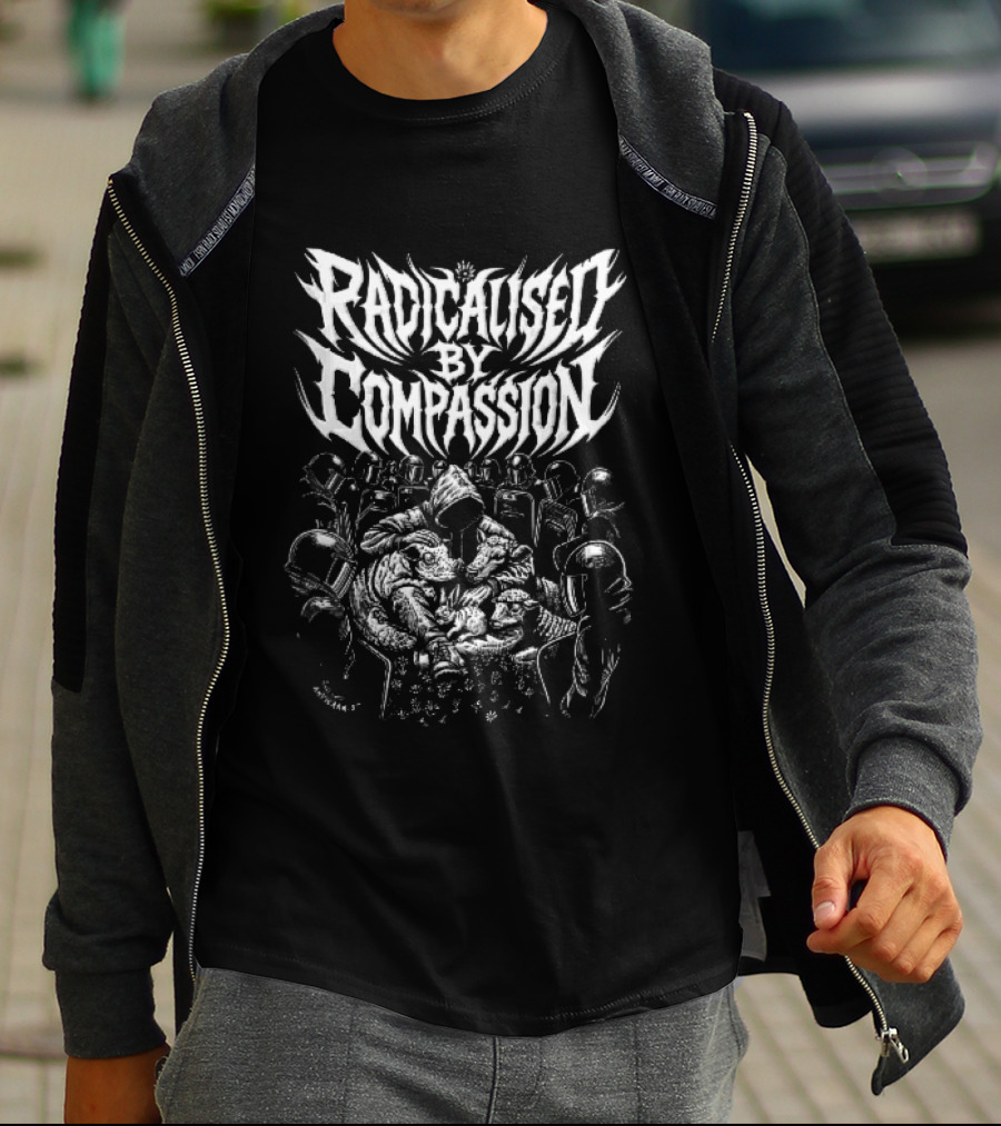 Radicalised By Compassion Hooded Figure Hugging Farm Animals Riot Police Line T-Shirt