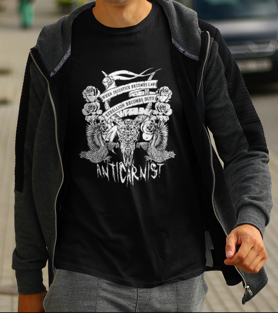 Anticarnist Horned Skull Injustice Rebellion Duty Human Skulls Chickens T-Shirt