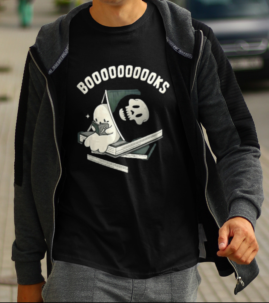 Boooooooooks Cartoon Ghost Reading Novel With Skeleton Specter T-Shirt