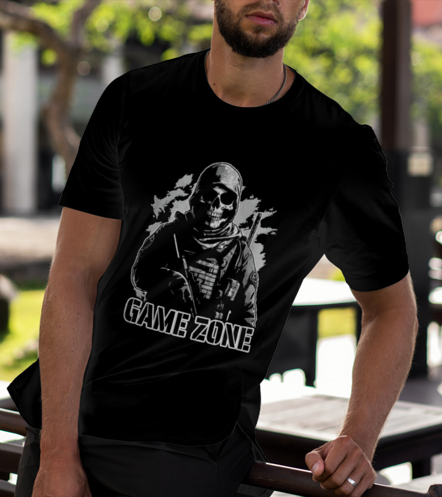 Game Zone Monochrome Skull Soldier Tactical Rifle Hooded T-Shirt