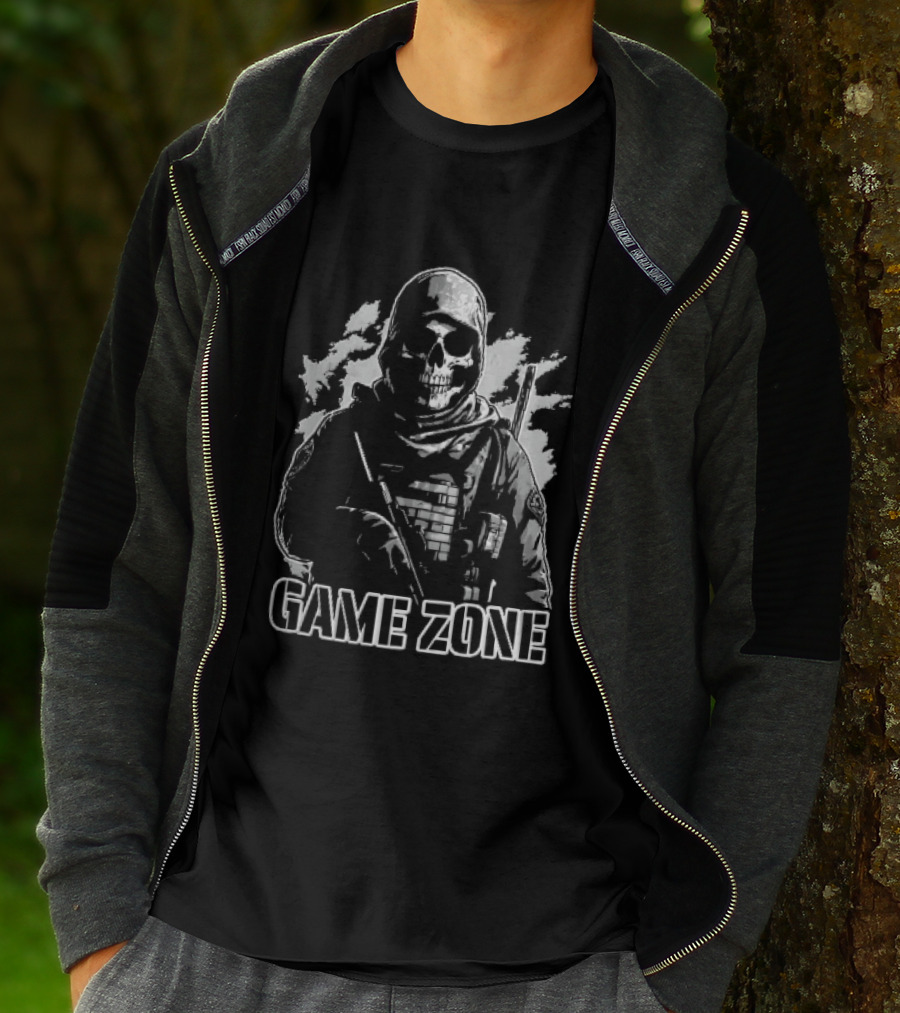 Game Zone Monochrome Skull Soldier Tactical Rifle Hooded T-Shirt