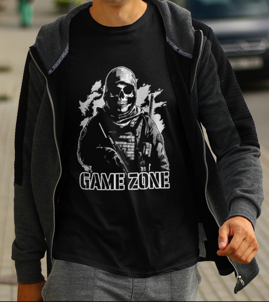 Game Zone Monochrome Skull Soldier Tactical Rifle Hooded T-Shirt