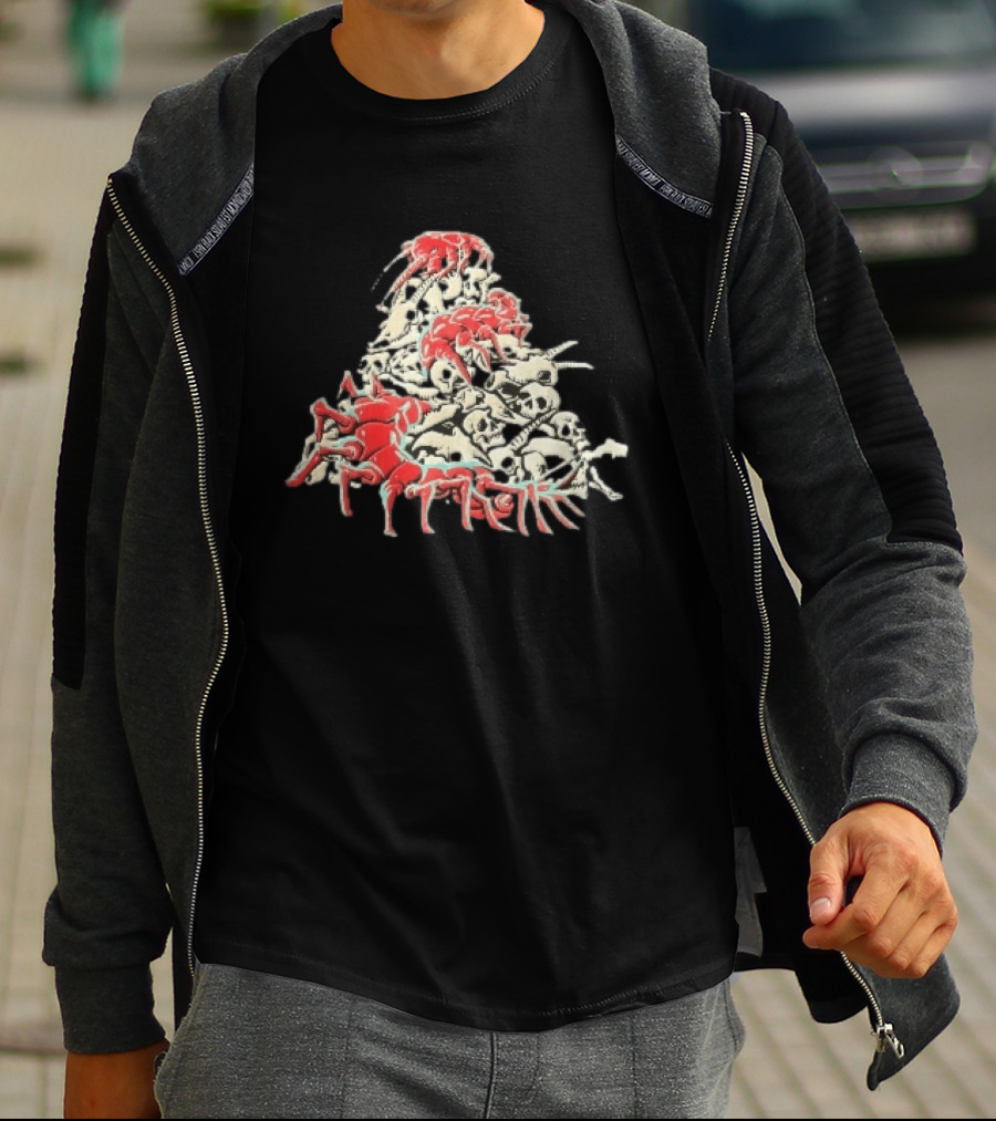 Giant Red Centipede Cyan Crawling Pile Of Skulls T-Shirt