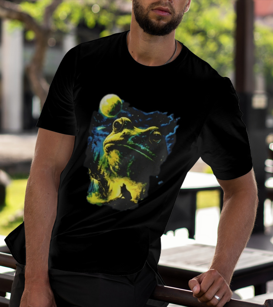 Giant Toad Glowing Moon Howling Waterfall Forest Mystic Scene T-Shirt