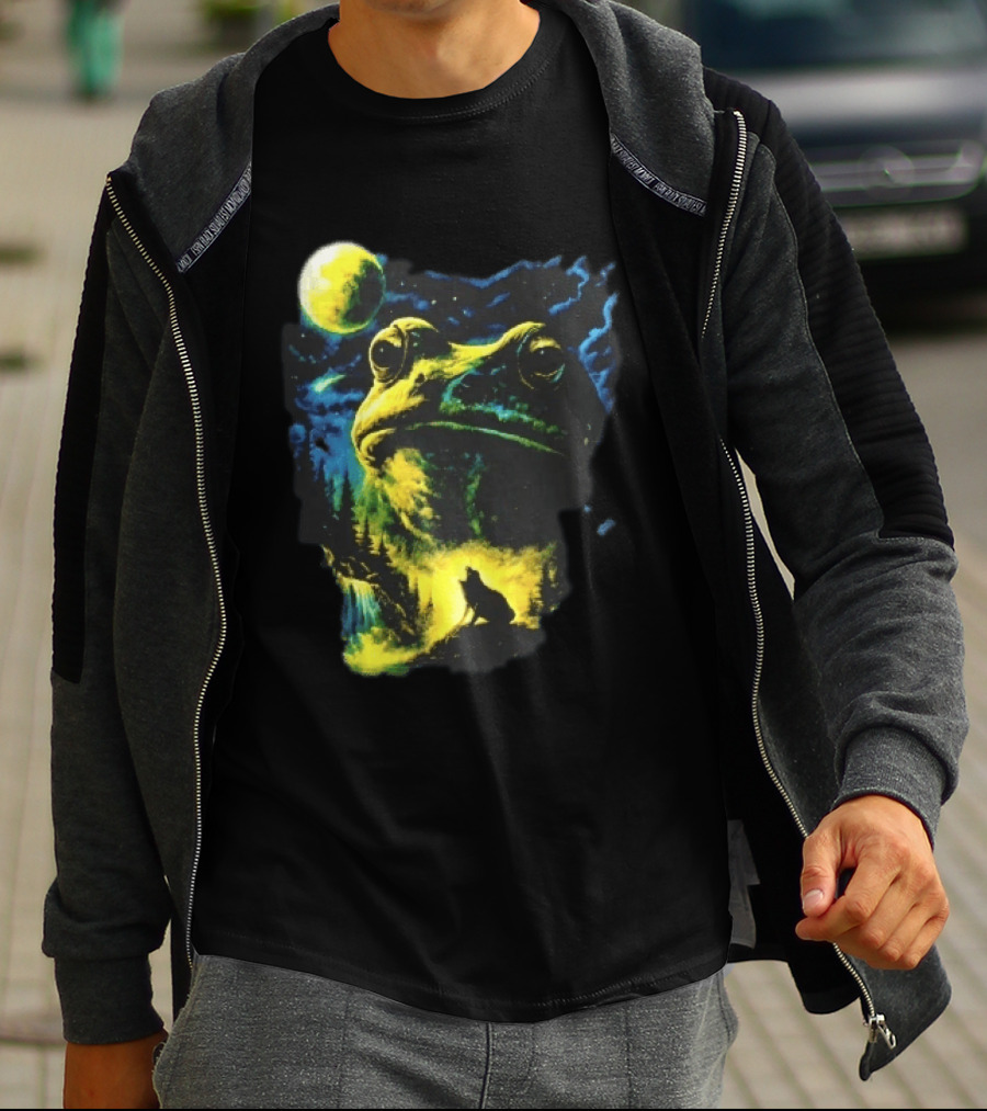 Giant Toad Glowing Moon Howling Waterfall Forest Mystic Scene T-Shirt