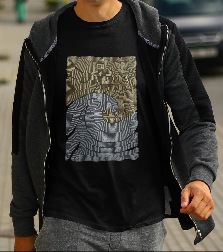 Golden Sun Over Crashing Blue Ocean Wave Line Maze T-Shirt