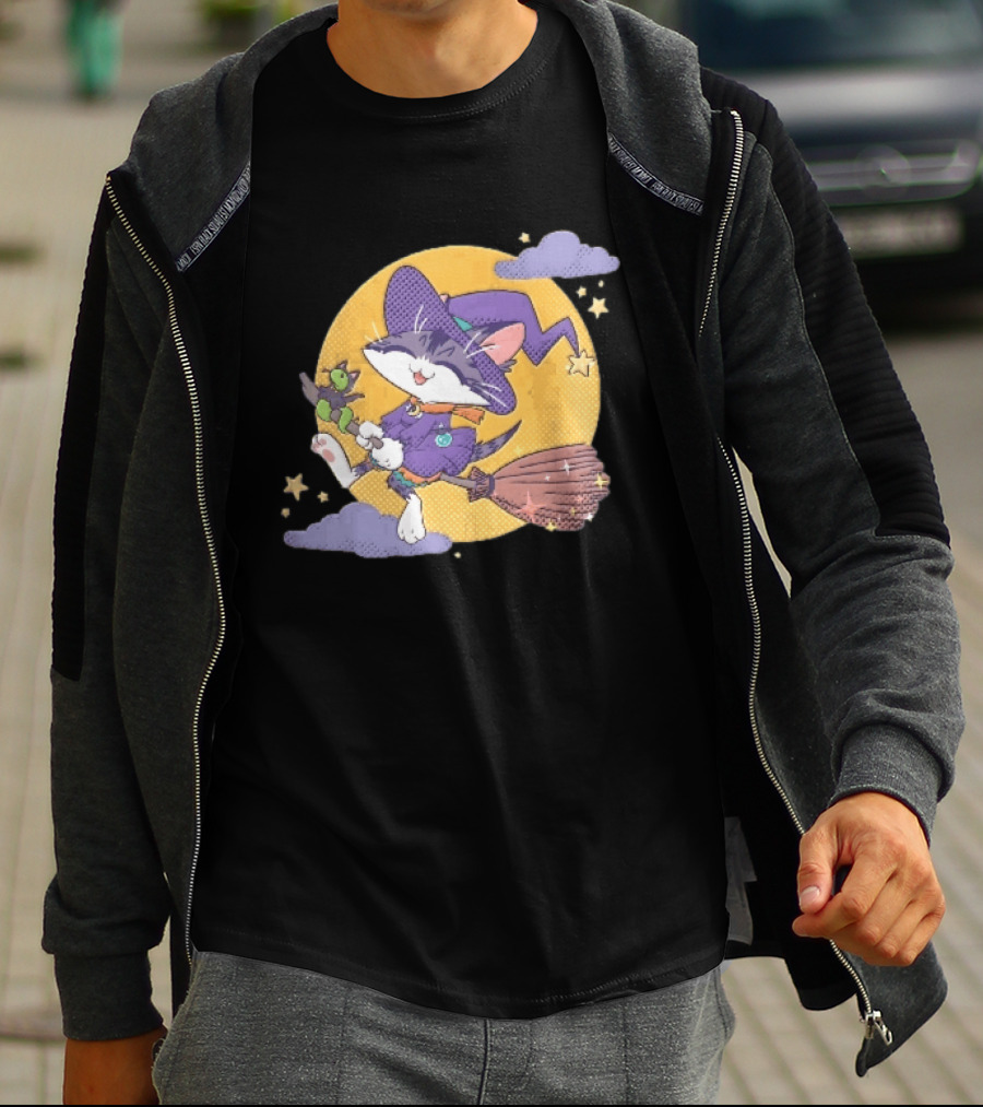 Halftone Cartoon Cat Witch Flying On Broomstick With Moon And Stars T-Shirt