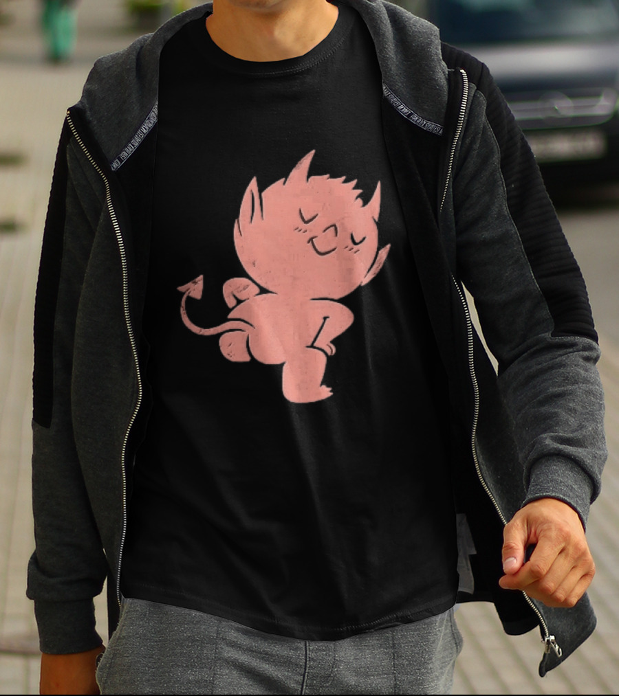 Mischievous Little Red Devil Cartoon Mooning With Distressed Texture T-Shirt