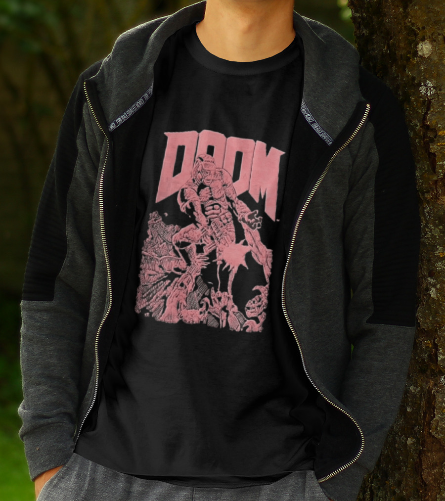 Doom Space Marine Battling Hell Demons Pink Sketch T-Shirt