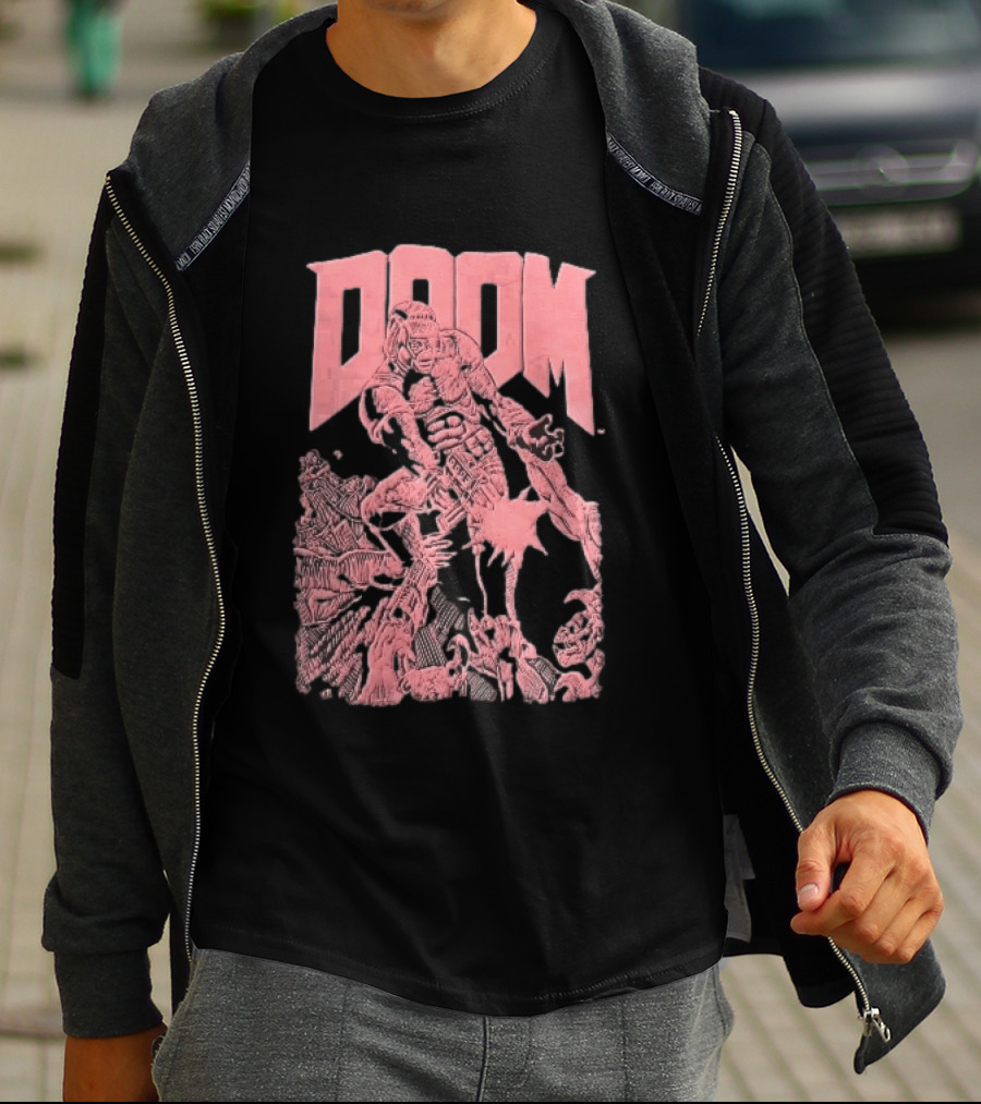 Doom Space Marine Battling Hell Demons Pink Sketch T-Shirt