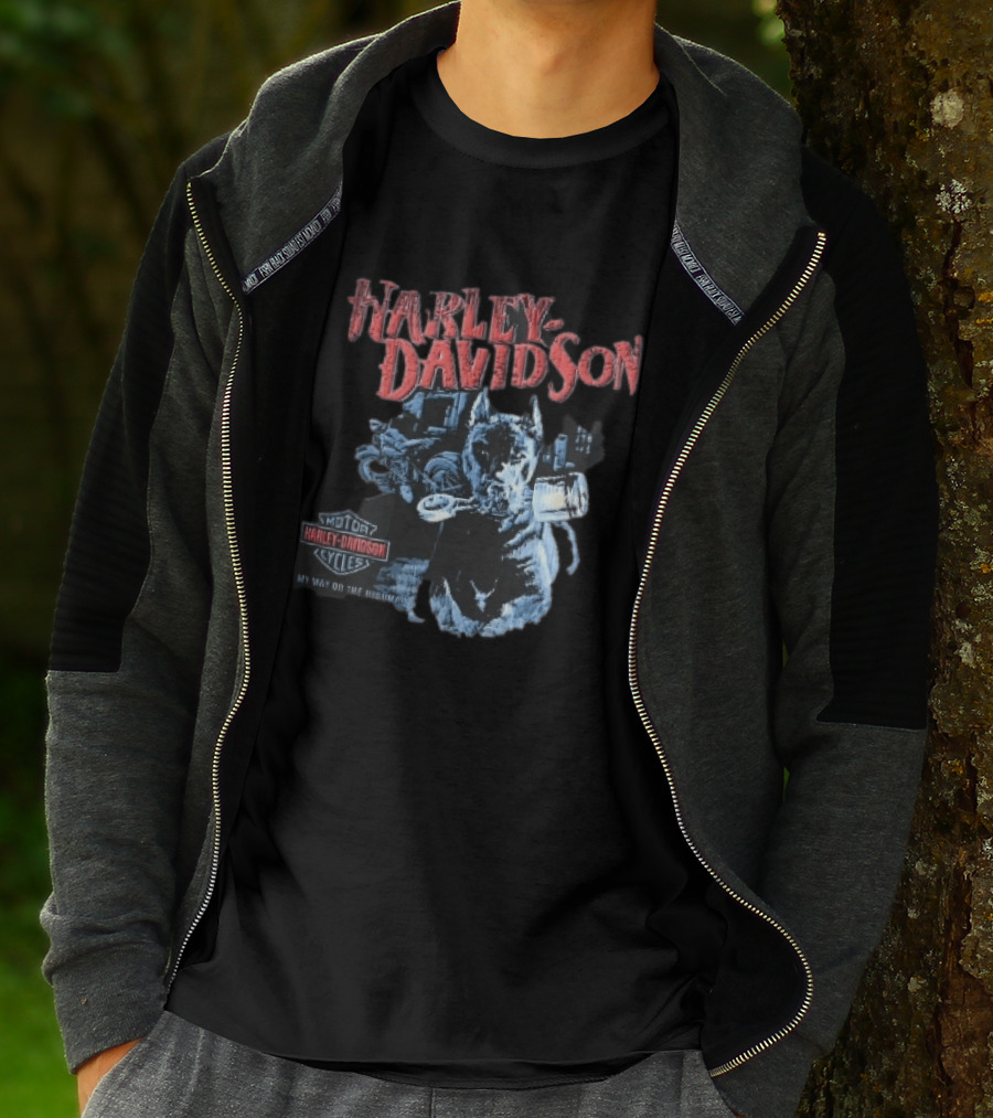 Harley Davidson My Way Or The Highway Dog Holding Piston Cycles T-Shirt