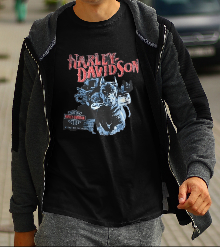 Harley Davidson My Way Or The Highway Dog Holding Piston Cycles T-Shirt