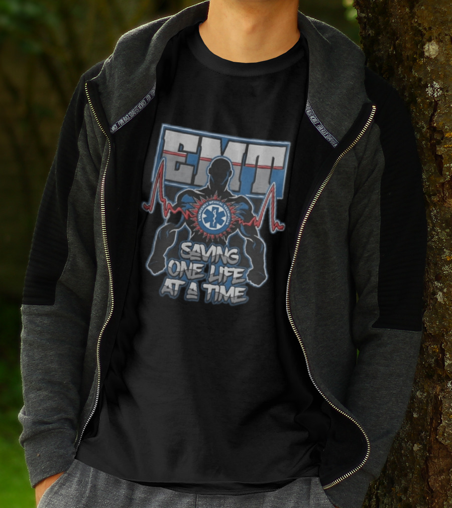 EMT Emergency Medical Technician Saving One Life At A Time With Muscular Silhouette And EKG Pulse T-Shirt