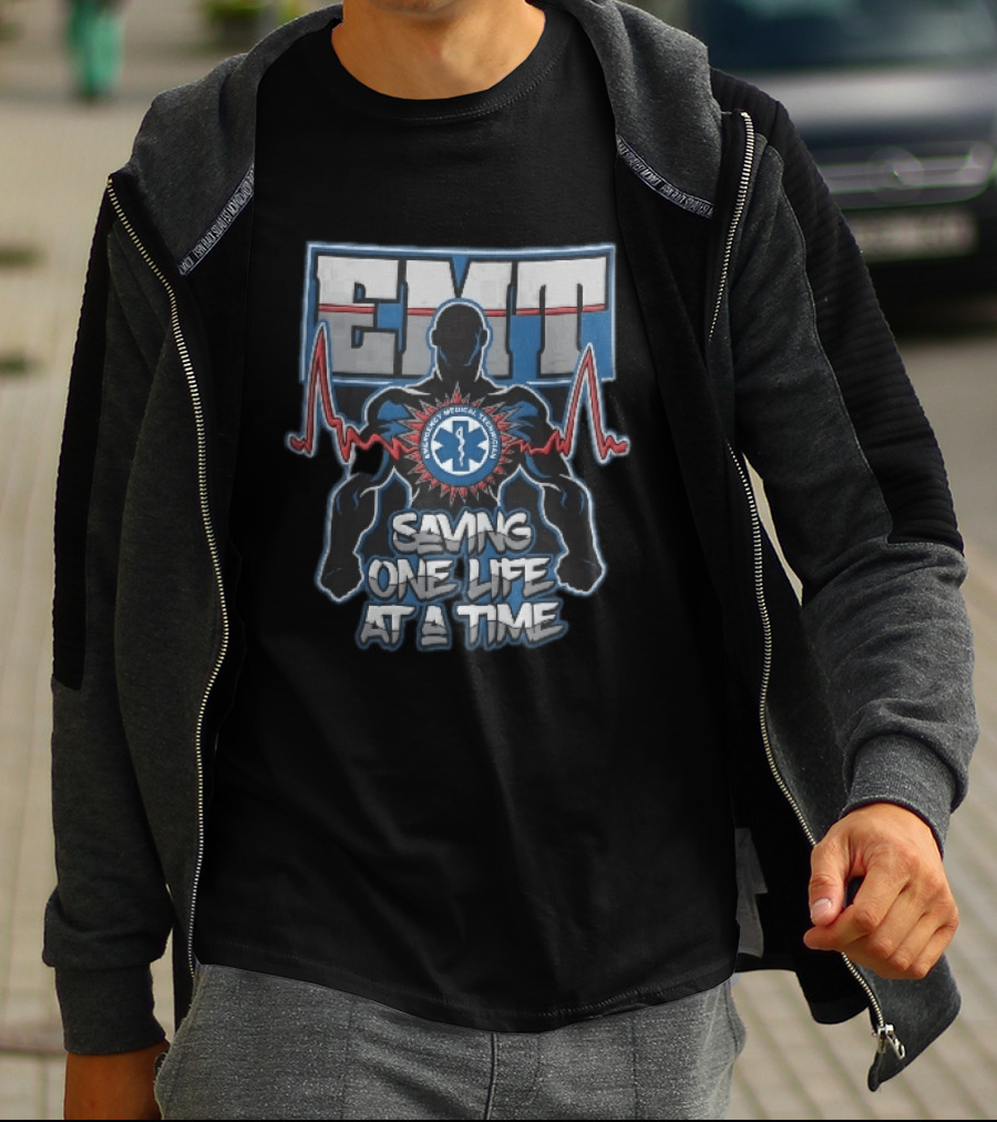 EMT Emergency Medical Technician Saving One Life At A Time With Muscular Silhouette And EKG Pulse T-Shirt