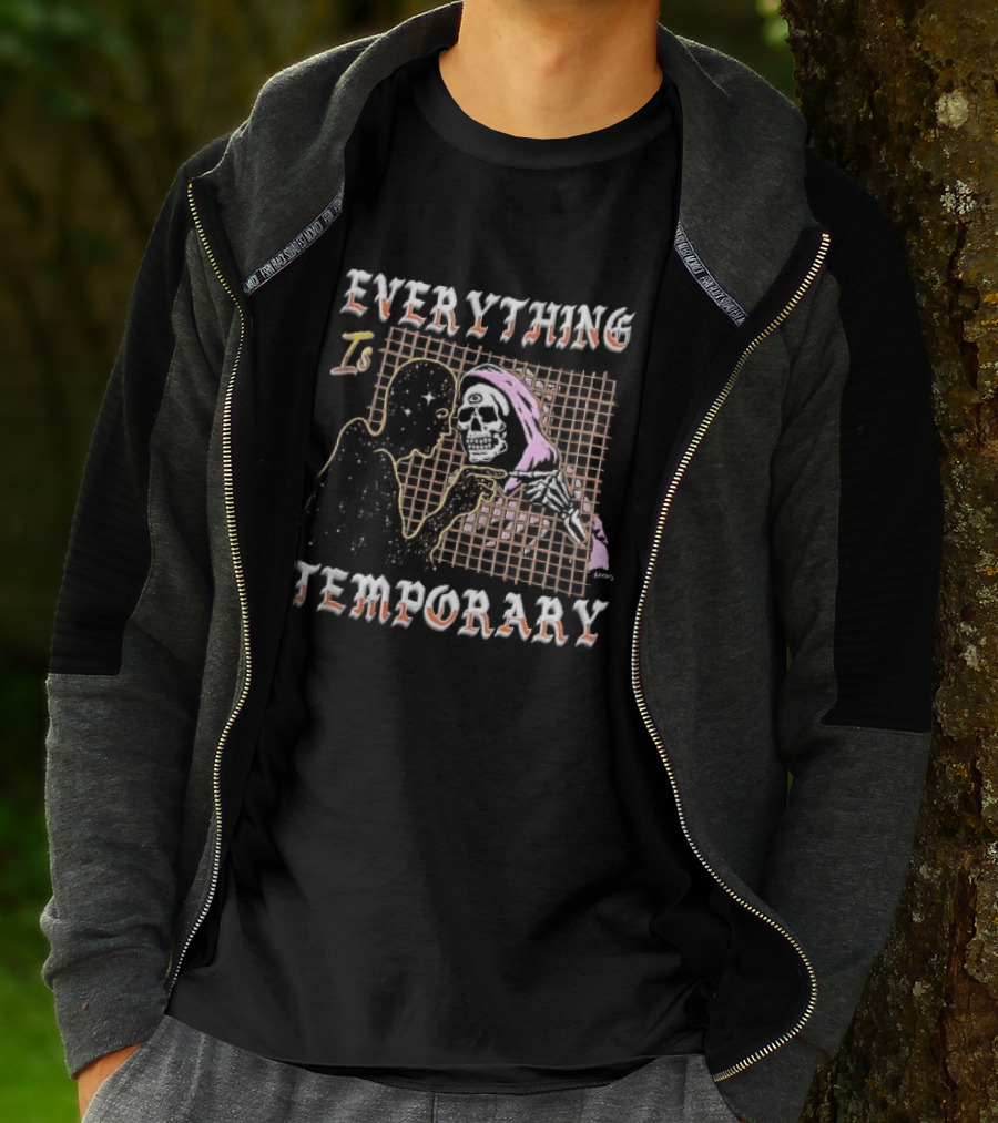Everything Is Temporary Cosmic Skeleton Touching Fingers Grid T-Shirt