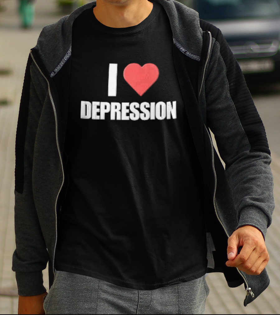 I Heart Depression White Text Red Heart Shape T-Shirt