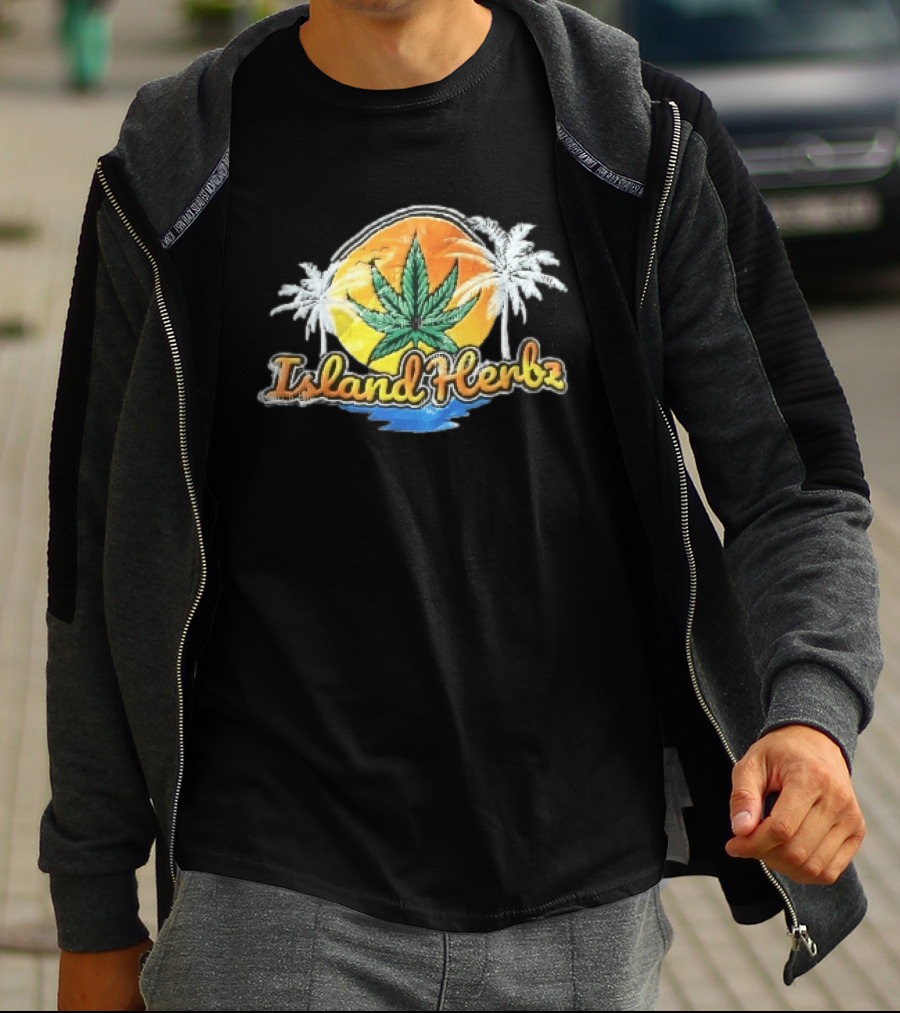 Island Herbz Cannabis Leaf Orange Sunset White Palm Trees T-Shirt