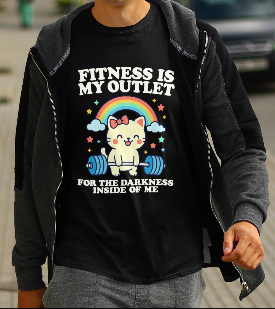 Fitness Is My Outlet For The Darkness Inside Of Me Cute Cat Weightlifting Rainbow T-Shirt