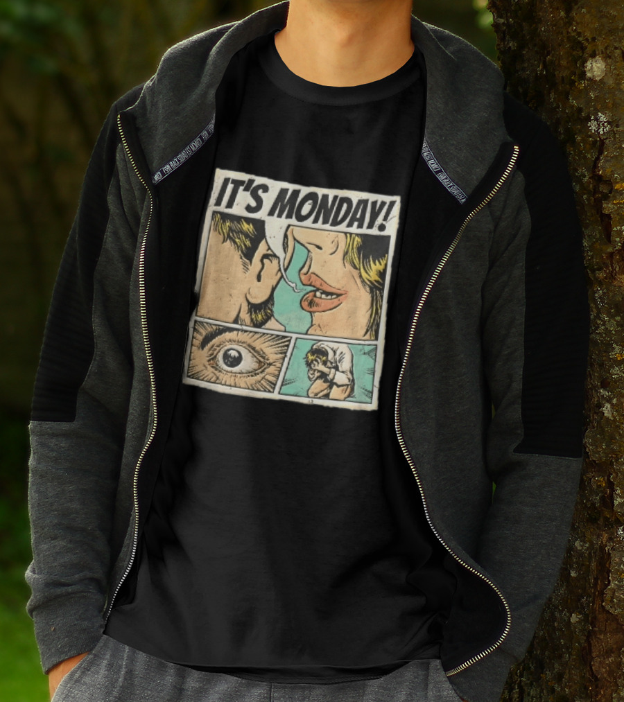 Its Monday Comic Strip Pop Art Woman Whispering Man Crying Vintage Halftone T-Shirt