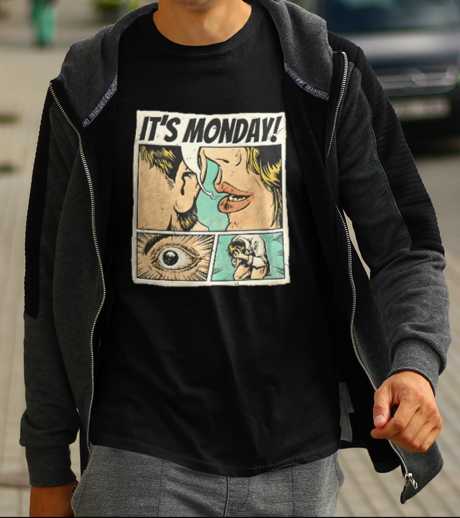 Its Monday Comic Strip Pop Art Woman Whispering Man Crying Vintage Halftone T-Shirt