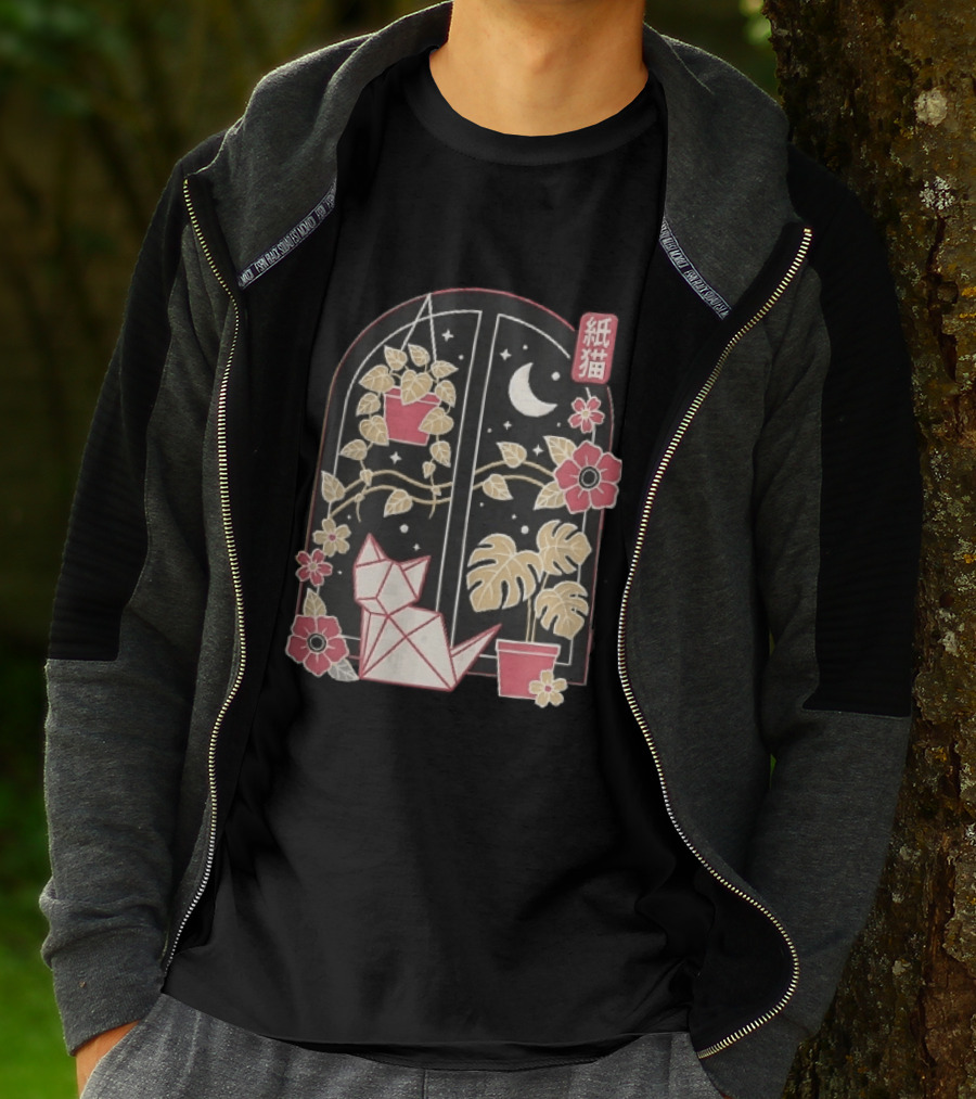 Kami Neko Origami Cat Crescent Moon Japanese Garden Scene T-Shirt