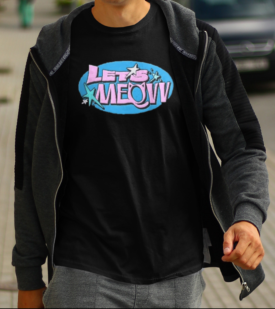 Lets Meovv Cat Ears Pink Distressed Glitter Stars Blue Oval T-Shirt