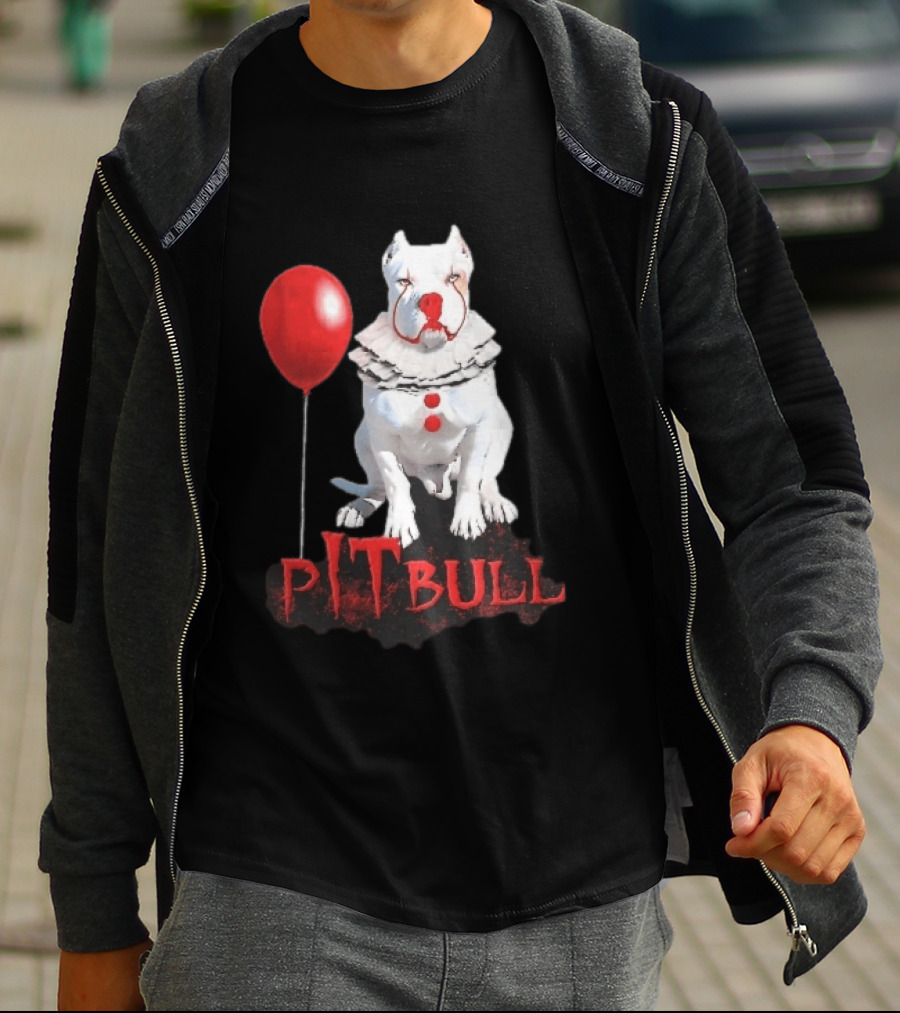 Pitbull Dog Pennywise Clown Red Balloon Distressed White T-Shirt