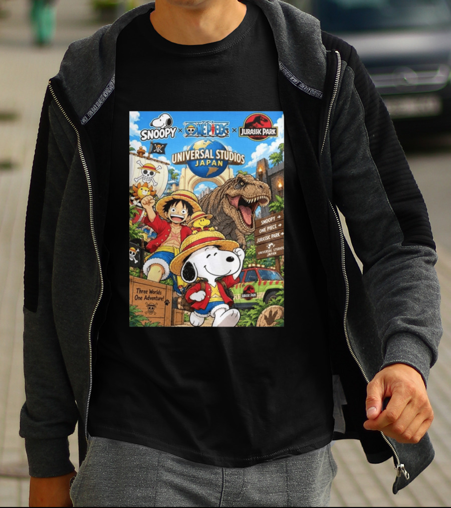 Snoopy One Piece Jurassic Park Universal Studios Japan Three Worlds One Adventure T-Shirt