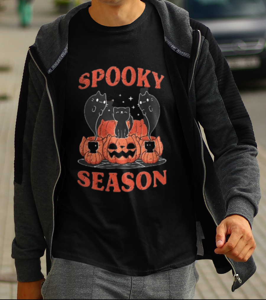 Spooky Season Black Cats Jack O Lantern Pentagram Cartoon T-Shirt