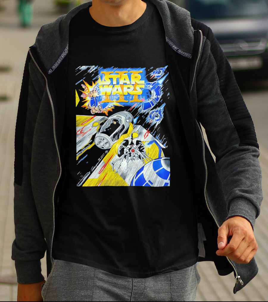 Star Wars Revenge Of The Sith Galactic Battle Artwork Featuring Anakin Skywalker And Iconic Droid Spaceships T-Shirt