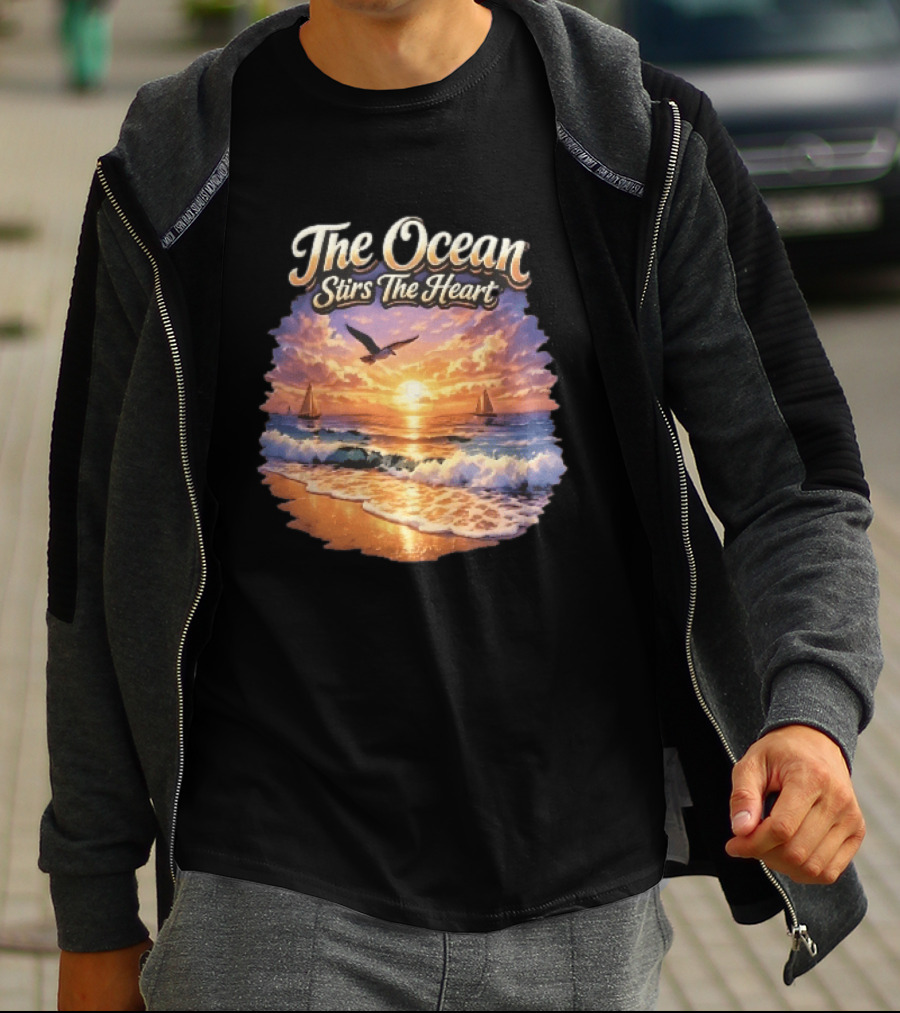 The Ocean Stirs The Heart Seagull Flying Sunset Beach Sailboats Waves T-Shirt