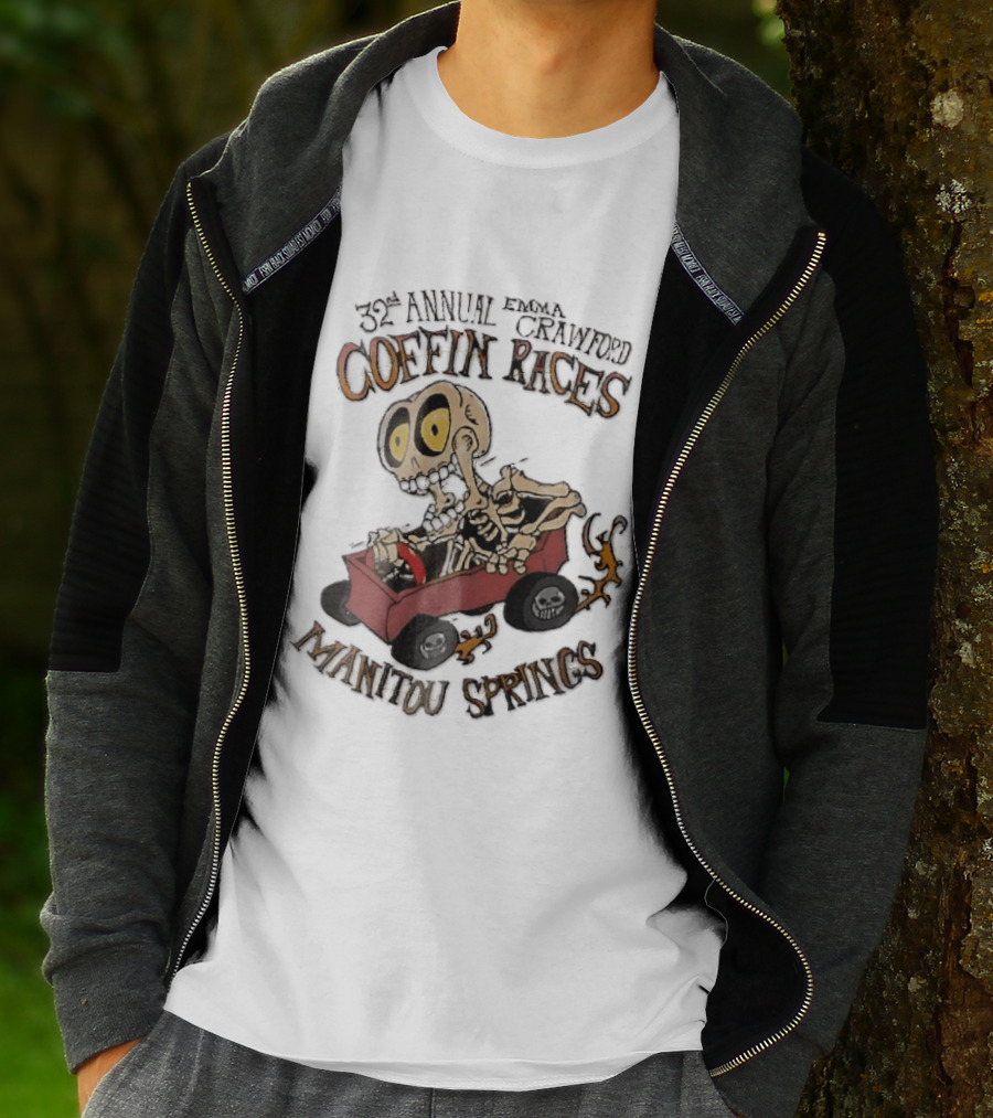 32nd Annual Emma Crawford Coffin Races Manitou Springs Cartoon Skeleton Racing Go Kart Flames T-Shirt
