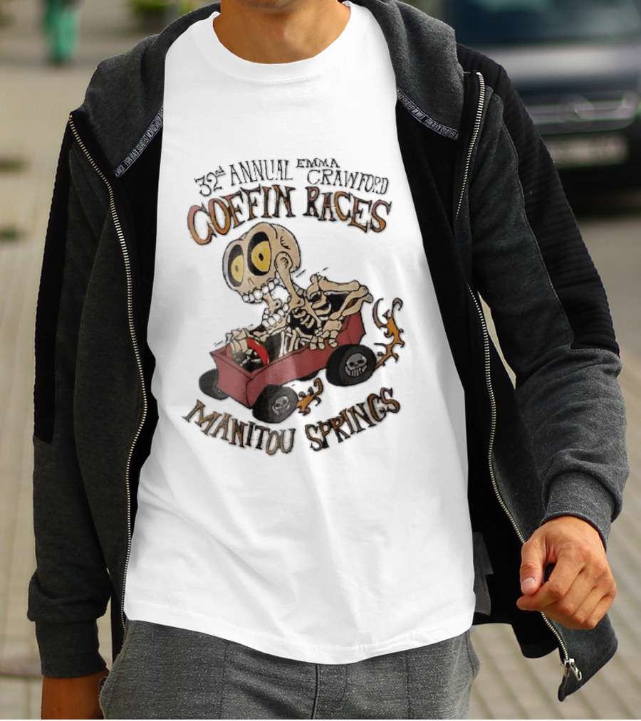 32nd Annual Emma Crawford Coffin Races Manitou Springs Cartoon Skeleton Racing Go Kart Flames T-Shirt