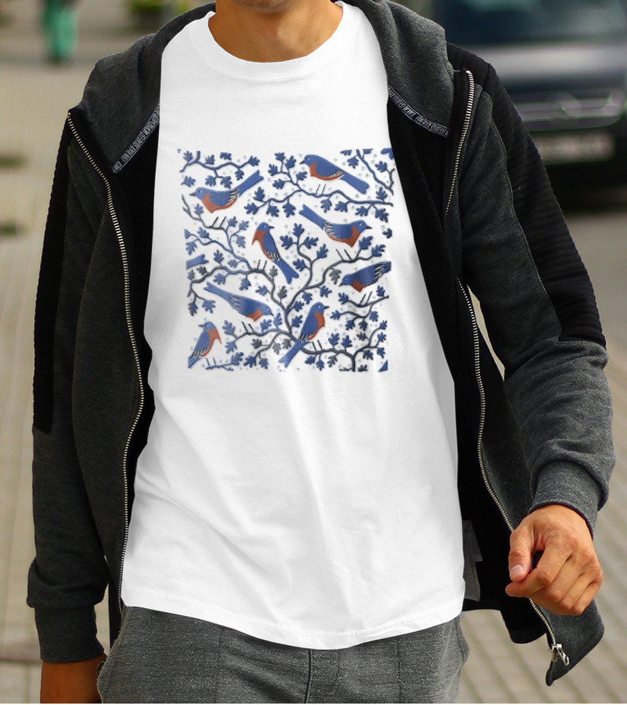 Eastern Bluebirds Perched On Flowering Tree Branches T-Shirt