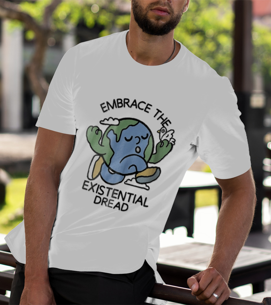 Embrace The Existential Dread Cartoon Running Planet Earth With Bird T-Shirt