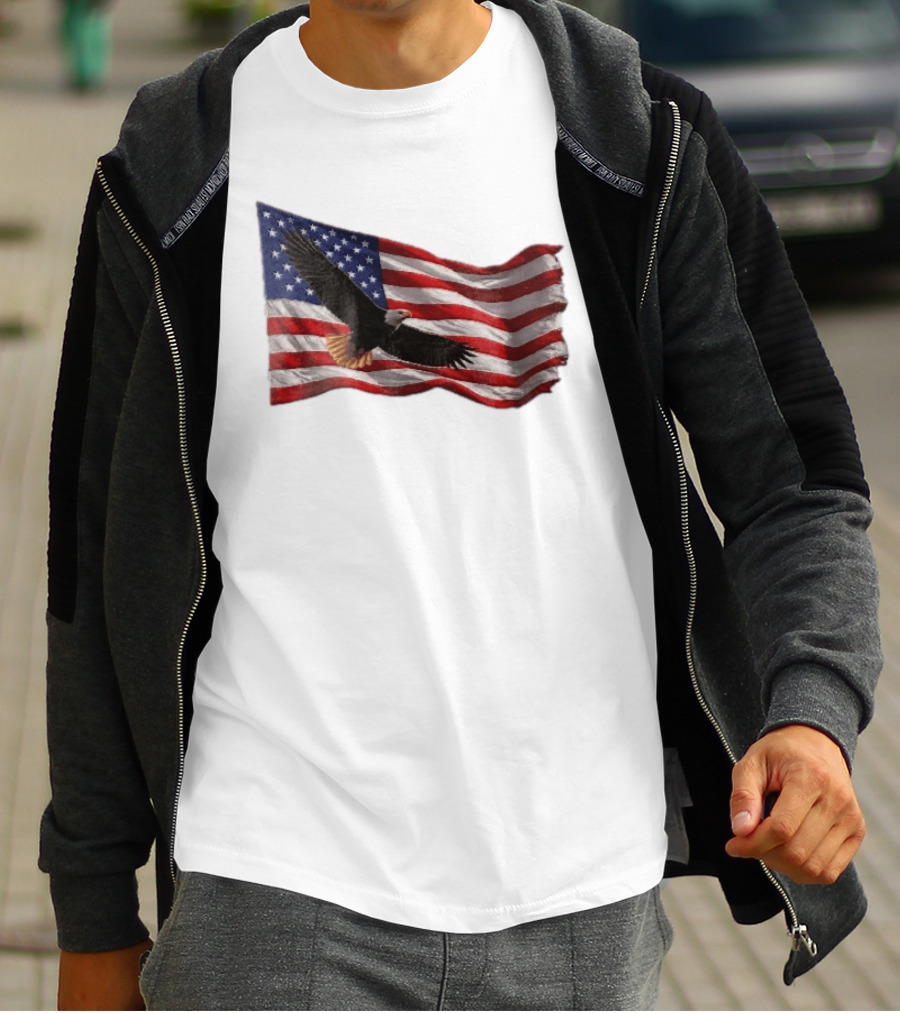 Bald Eagle Soaring Over Distressed American Flag Patriotic T-Shirt