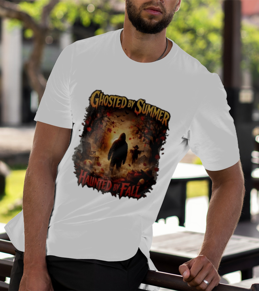 Ghosted By Summer Haunted By Fall Hooded Figure Autumn Orchard Scarecrow Pumpkins T-Shirt