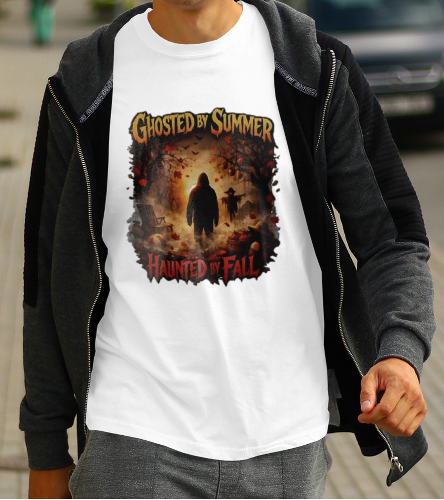 Ghosted By Summer Haunted By Fall Hooded Figure Autumn Orchard Scarecrow Pumpkins T-Shirt