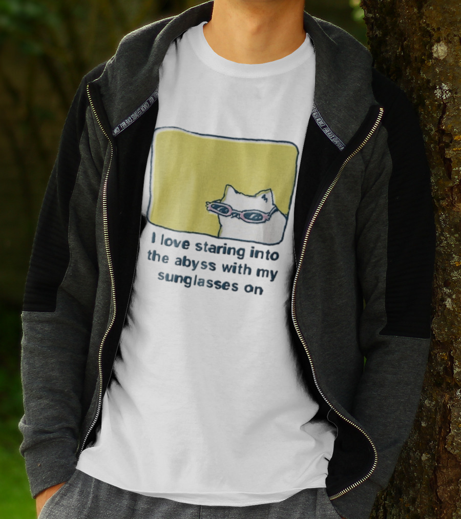 I Love Staring Into The Abyss With My Sunglasses On White Cat Pink Glasses Popcornpunk Cartoon T-Shirt